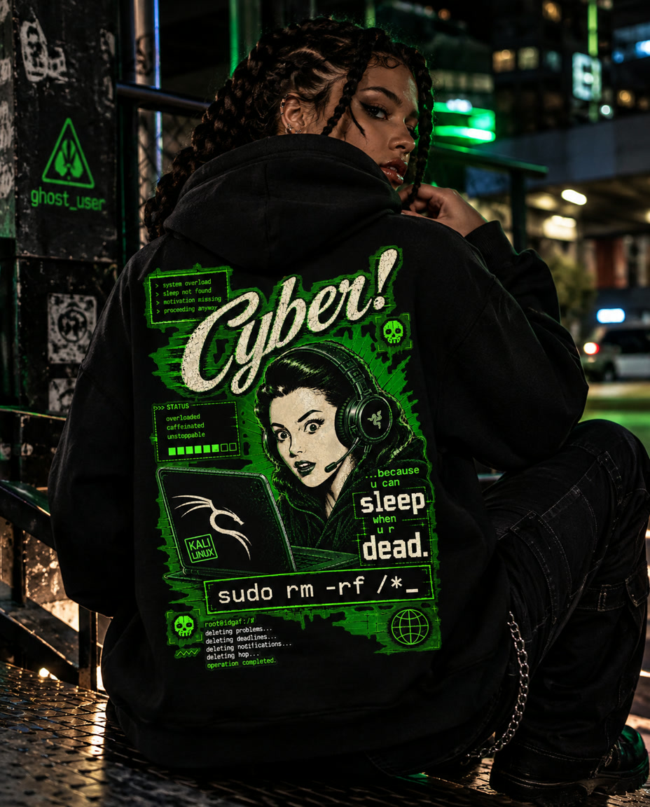 Modelo de costas usando hoodie preto com estampa Cyber! em verde neon