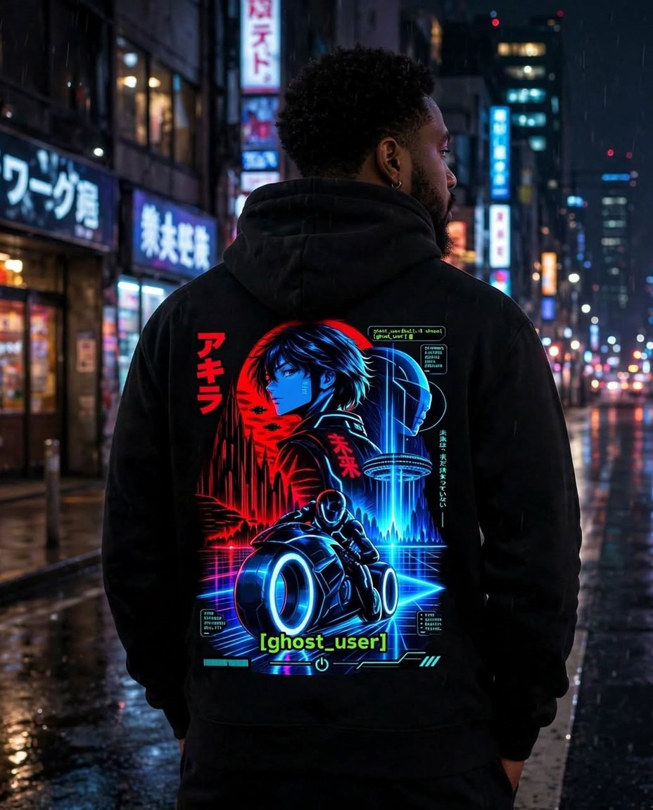 Modelo usando hoodie preto com arte Future Is Undefined em neon nas costas