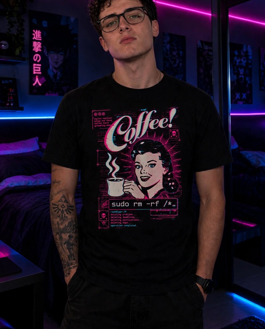 Modelo vestindo camiseta preta de algodão com estampa Coffee sudo rm -rf na frente