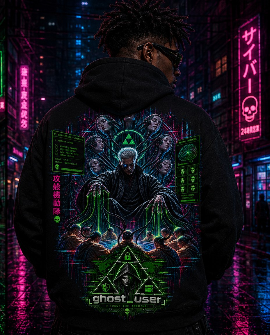 Modelo usando hoodie preto com estampa We'r Botnet nas costas