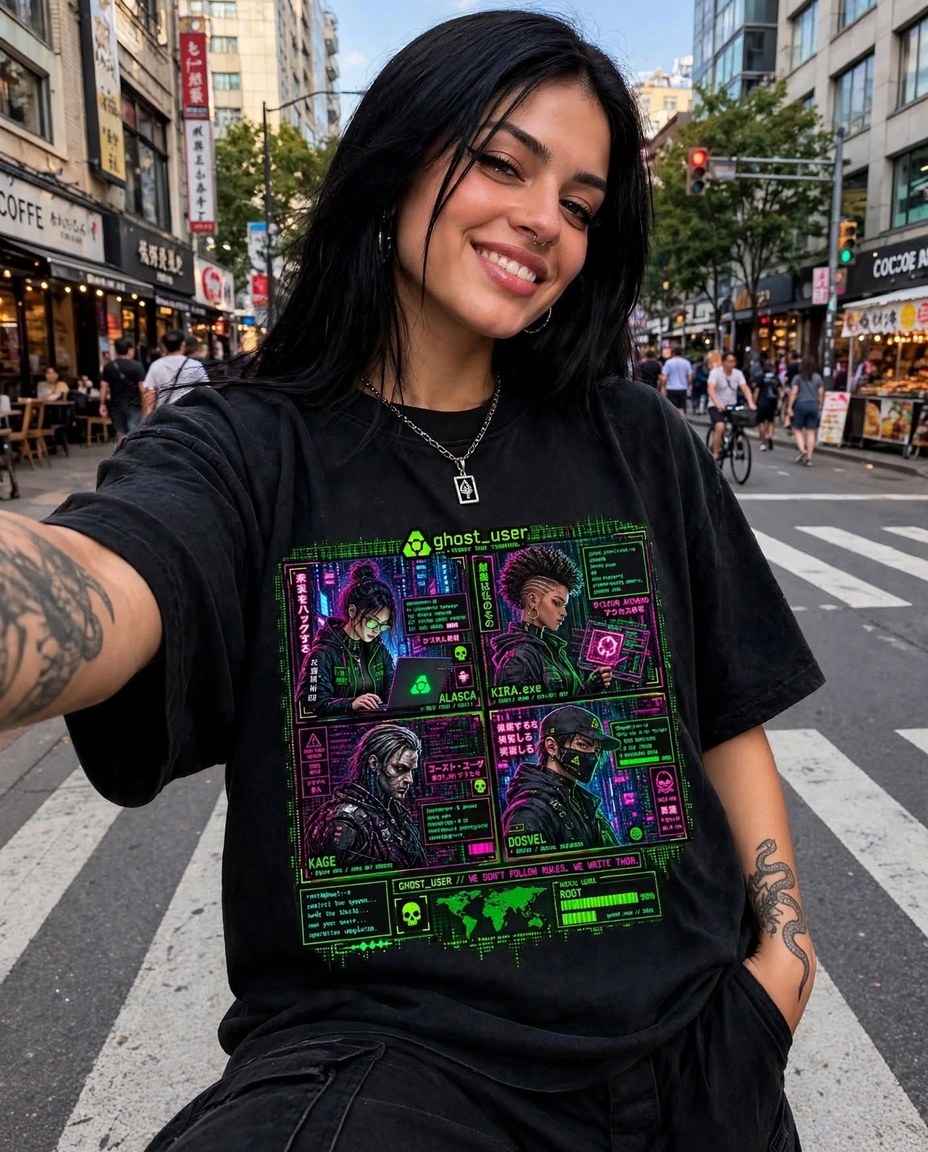 Modelos vestindo camiseta preta de algodão 30.1 com estampa Ghost Protocol em verde neon e rosa na frente