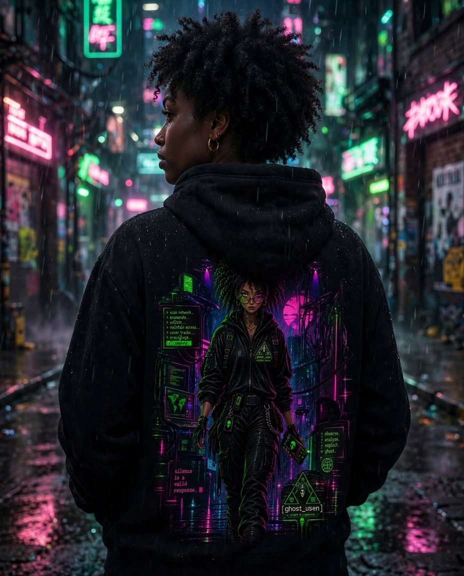 Modelo usando hoodie preto com estampa Root Access nas costas