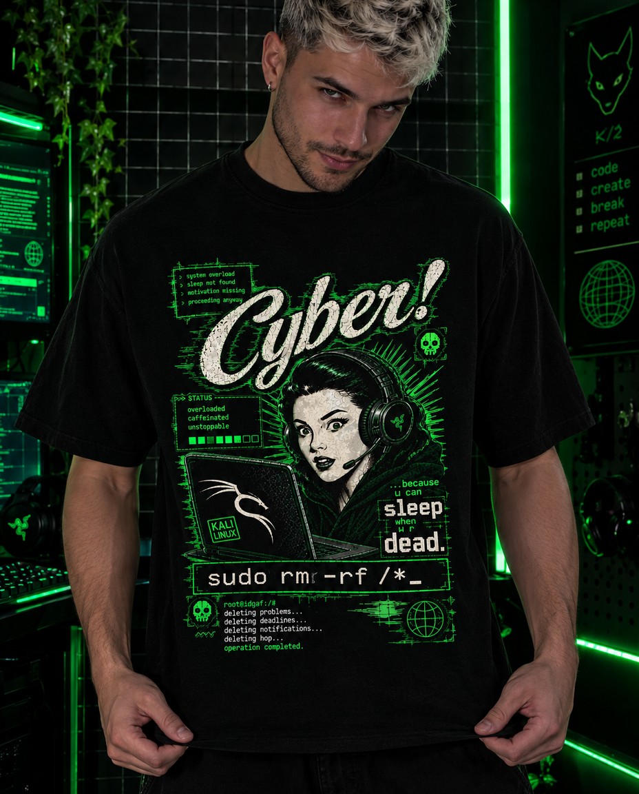 Modelo vestindo camiseta preta de algodão com estampa Cyber! em verde neon na frente