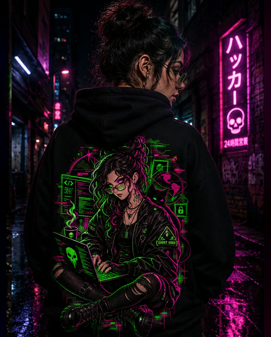 Modelo usando hoodie preto com estampa da agente Alasca em verde e magenta