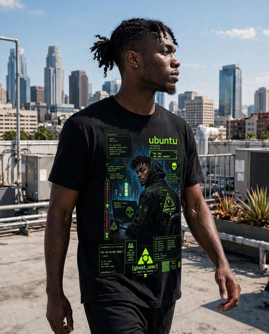 Modelo vestindo camiseta preta de algodão com estampa Ubuntu na frente