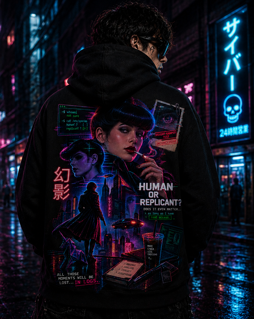 Modelo usando hoodie preto com estampa Human or Replicant nas costas