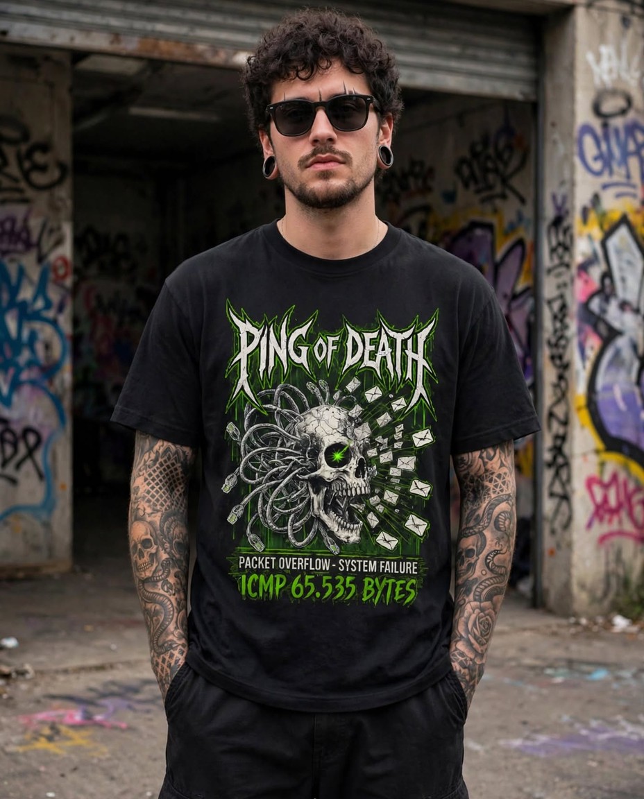 Modelo vestindo camiseta preta de algodão com estampa Ping of Death na frente