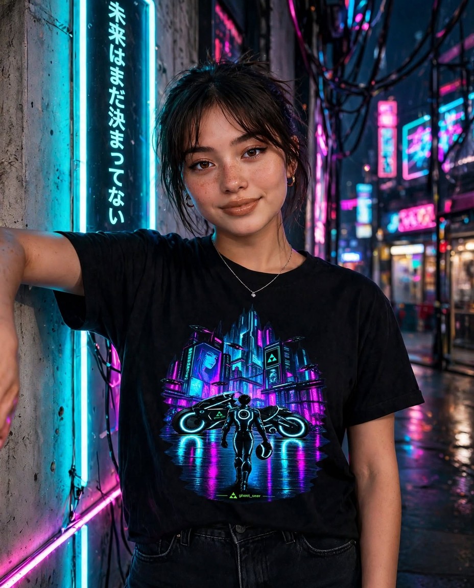 Modelo vestindo camiseta preta de algodão com estampa Cyber Rider na frente
