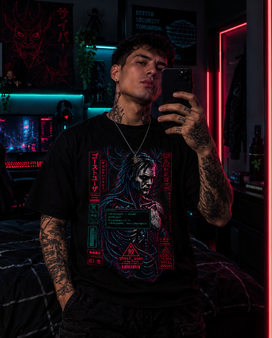 Modelos vestindo camiseta preta oversized de algodão 30.1 com estampa Ghost User Agent Kuze em neon rosa e ciano na frente