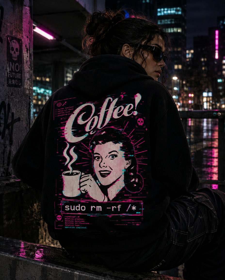 Modelo de costas usando hoodie preto com estampa Coffee sudo rm -rf em rosa neon