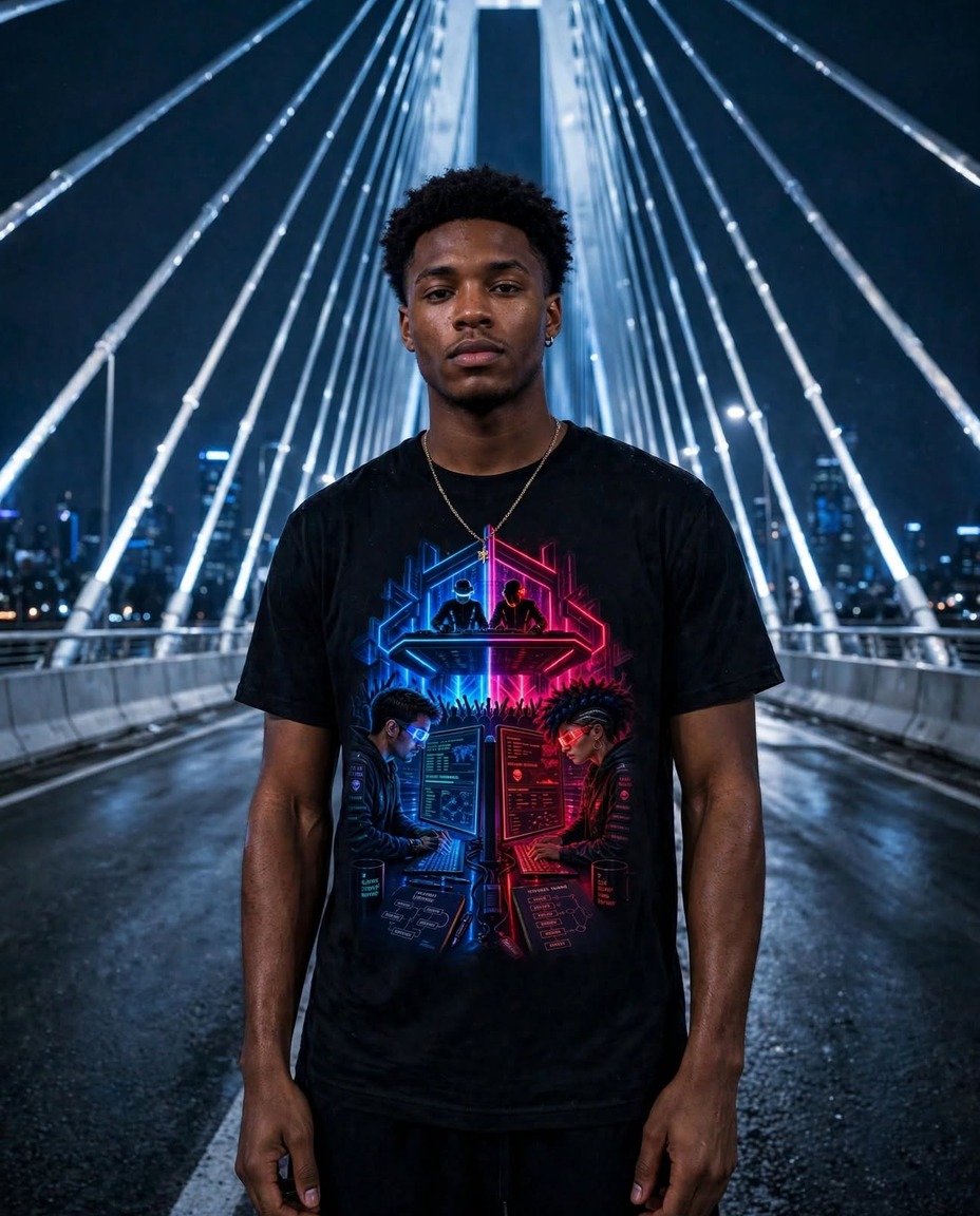Modelo vestindo camiseta preta de algodão com estampa Blue Team vs Red Team na frente