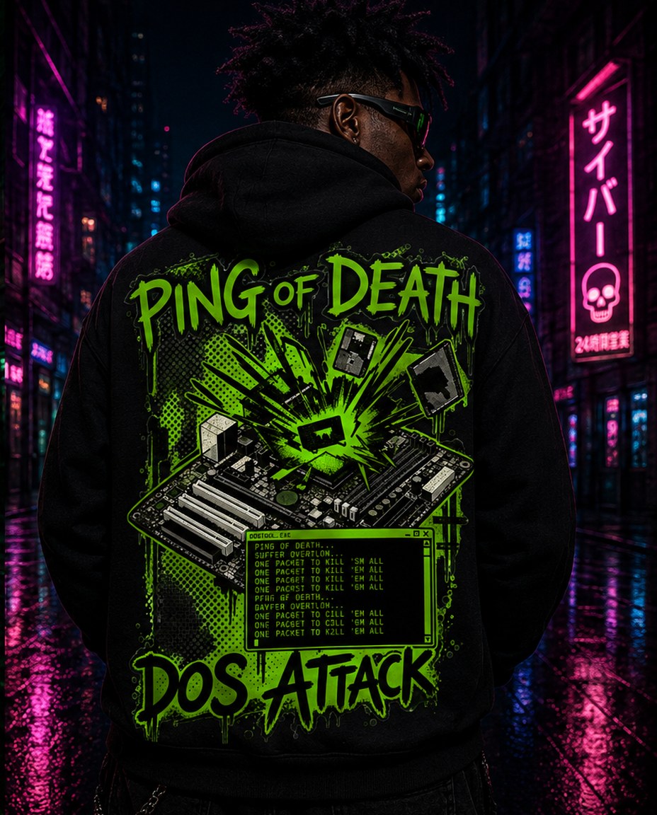 Modelo usando hoodie preto com estampa Ping of Death DoS Attack nas costas